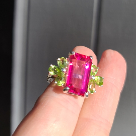Pink Topaz massive 8k emerald cut with pear shape Peridot sterling ring sz 8 - Picture 8 of 17